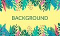 Plants and leaves background in flat style with space for text. Forest, garden or jungle backdrop. Foliage banner, spring